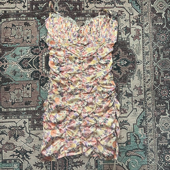 NWOT For Love & Lemons floral rouched cottagecore mini bodycon dress, size L - Picture 2 of 5